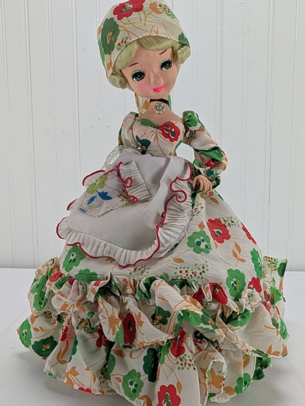 Vintage Bradley Big Eye Fabric Doll 13" Blonde Green Eyes Gypsie Dress Headwrap